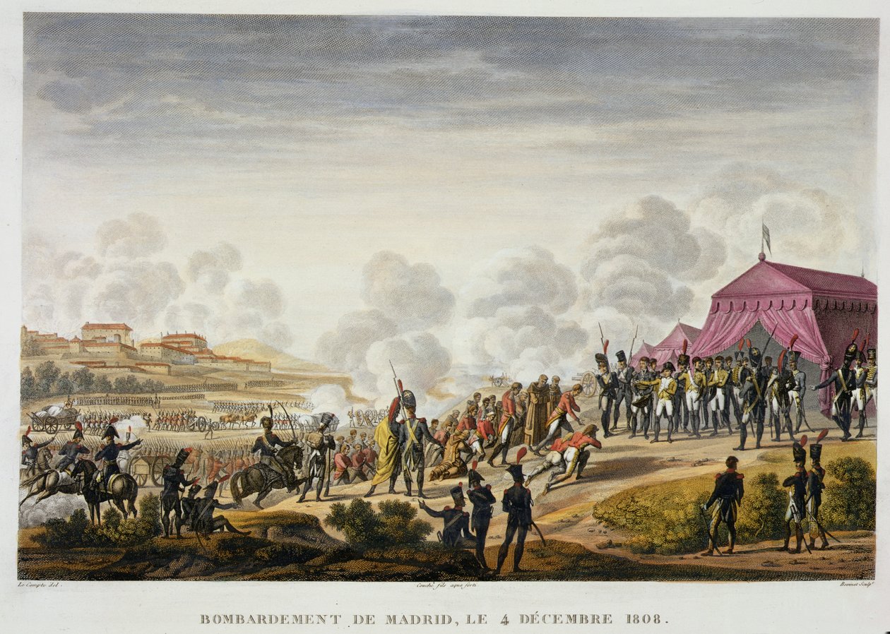Bombardementet af Madrid, 4. december 1808, indgraveret af Edme Bovinet (1782-1832) (akvatinte) af Hippolyte Lecomte