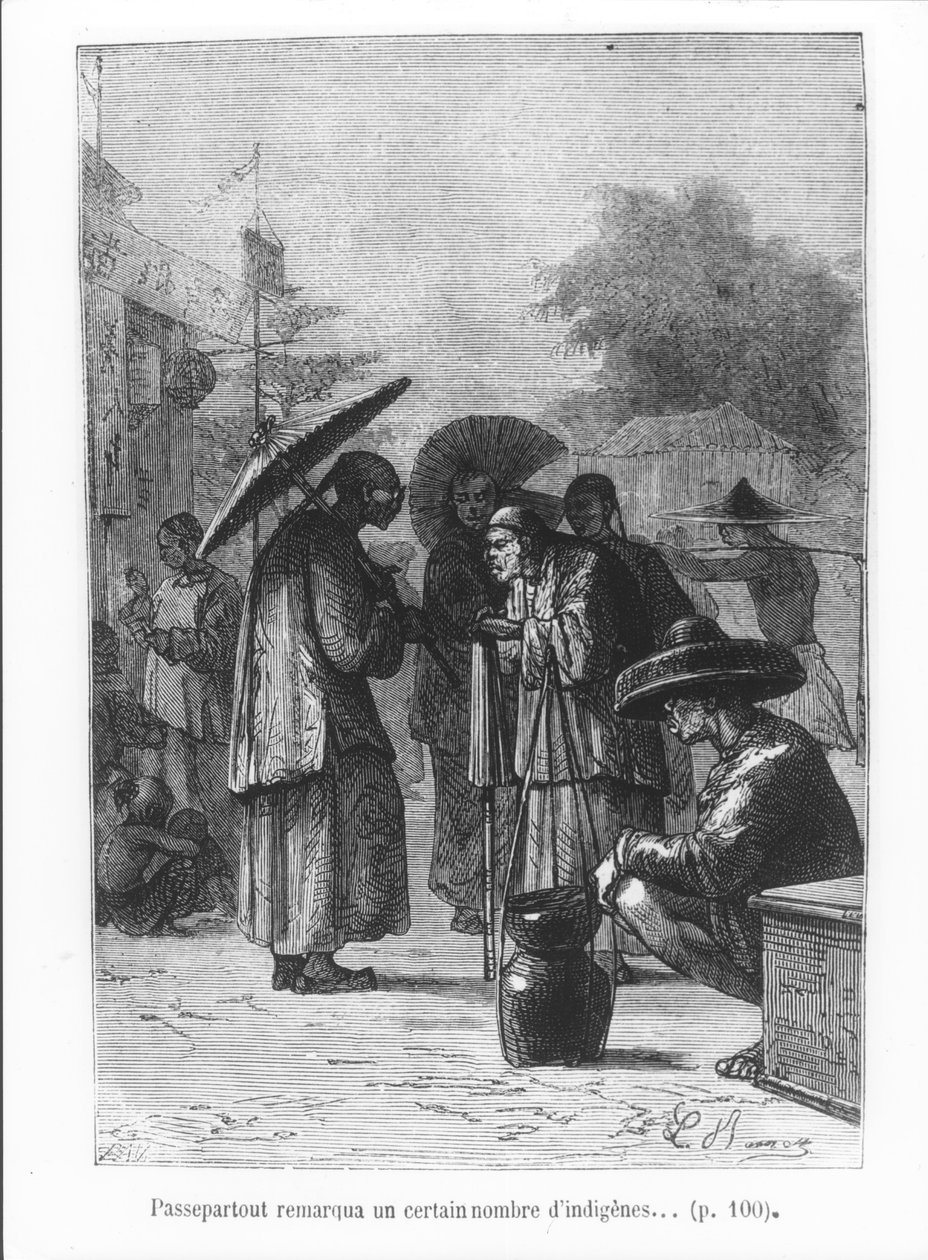 Passepartout bemærker et antal indfødte, illustration fra "Jorden rundt i 80 dage" af Jules Verne (1828-1905), graveret af Pan, 1873 af Hippolyte Leon Benett