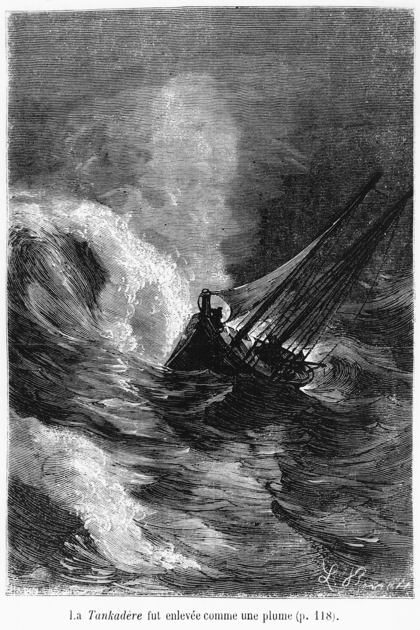Tankaderen blev løftet som en fjer, illustration fra "Jorden rundt på 80 dage" af Jules Verne (1828-1905) sidst i det 19. århundrede af Hippolyte Leon Benett