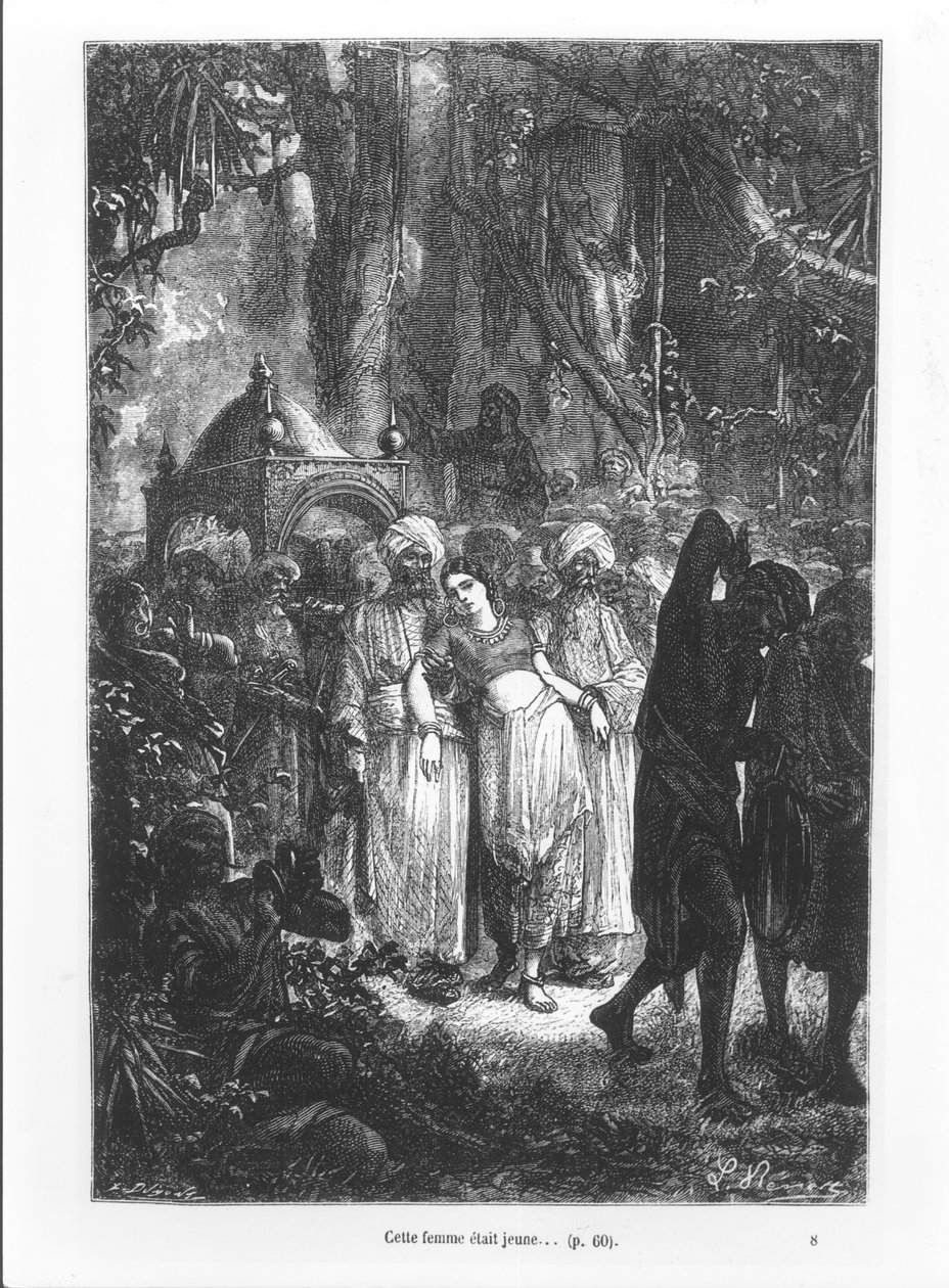 Denne kvinde var ung, illustration fra "Jorden rundt på 80 dage" af Jules Verne (1828-1905), graveret af Louis Dumont (f.1822) 1873 af Hippolyte Leon Benett
