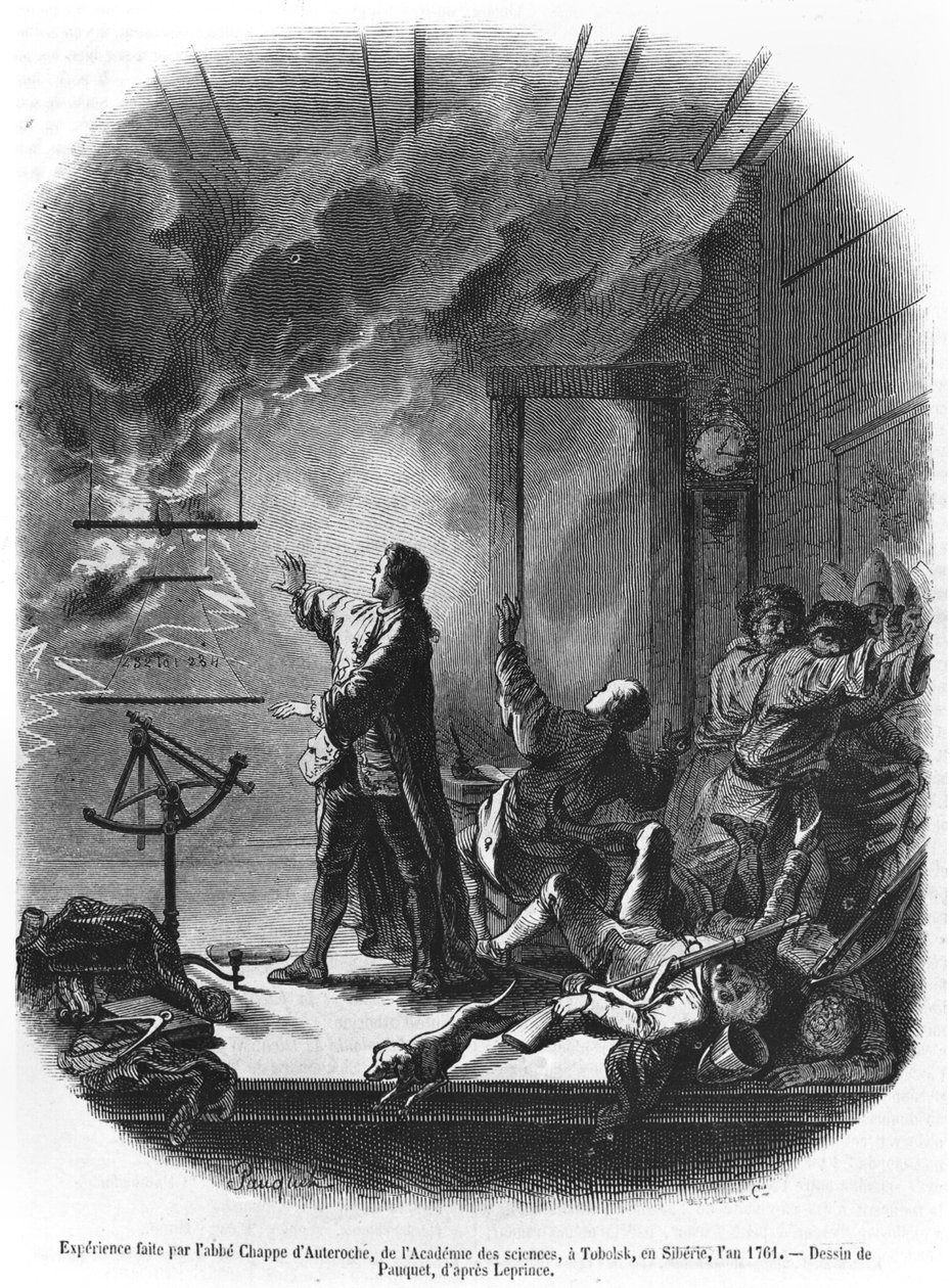 Jean Chappe dAuteroche (1722-69) eksperimenterede med elektricitet i 1761, Tobolsk, Sibirien, illustration fra Le Magasin Pittoresque, 1855 (sort foto) af Hippolyte Louis Pauquet