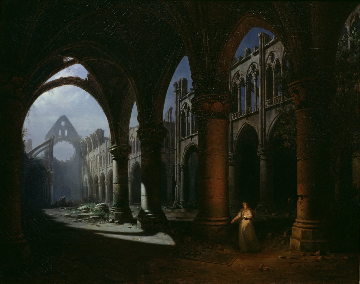 Interiør af et kloster i ruiner, 1848 af Hippolyte Victor Valentin Sebron