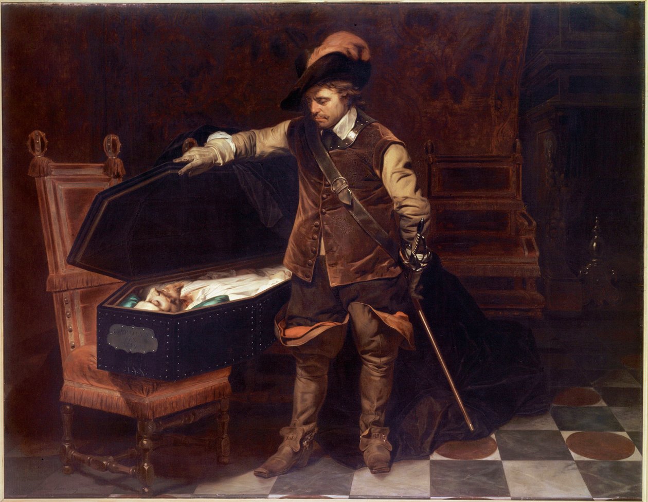""Oliver Cromwell før Charles I Stuarts kiste"" (1649). Oliver Cromwell (1599-1658) påtvinger en retssag mod kongen af ​​England, som vil blive dømt og halshugget den 9. februar 1649. Maleri af Paul Delaroche (1797-1856) af Hippolyte Delaroche