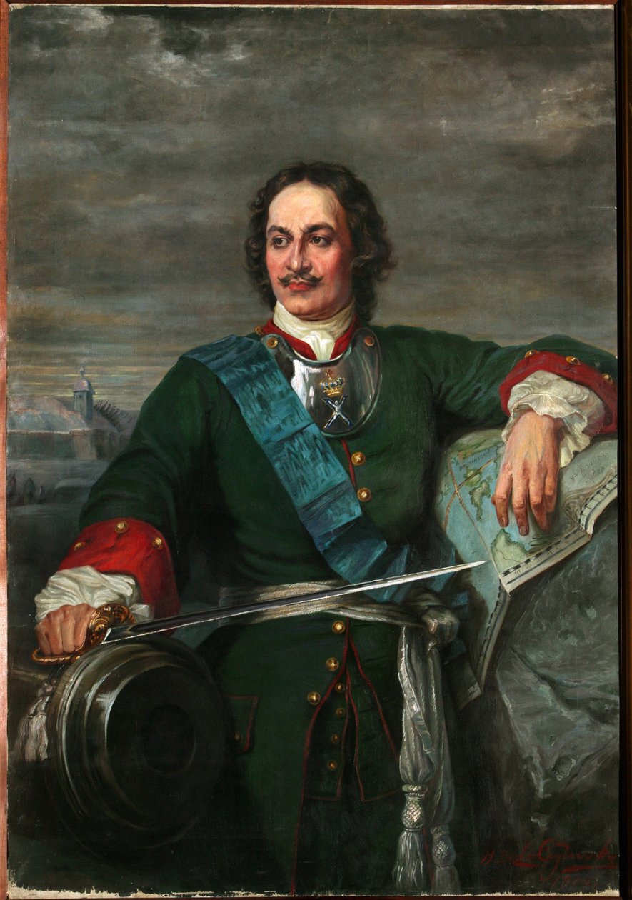 Portræt af Peter I den Store (1672-1725) Zar af Rusland - Peter den Store (Efter Hippolyte Delaroche) - Bezler-Ciszewska, Henryka - 1914 - Olie på lærred - 170x119 - Regionalt I. Kramskoi kunstmuseum, Voronezh af Hippolyte Delaroche