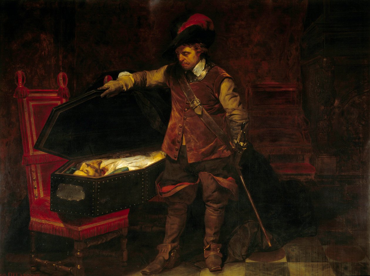 Cromwell foran Charles I Stuarts kiste (1649). Oliver Cromwell (1599-1658) indledte retssagen mod kongen af England, som blev dømt og dømt den 9. februar af Paul Delaroche