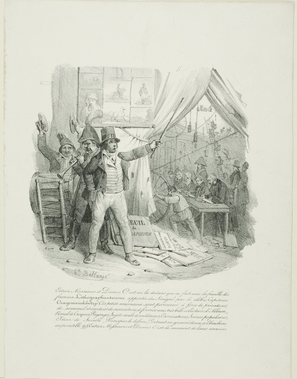 Kom ind, mine damer og herrer. Indenfor vil I se den berømte litografi-antoccini-familie ... Frontispice til "Album of 1824". af Hippolyte Bellange