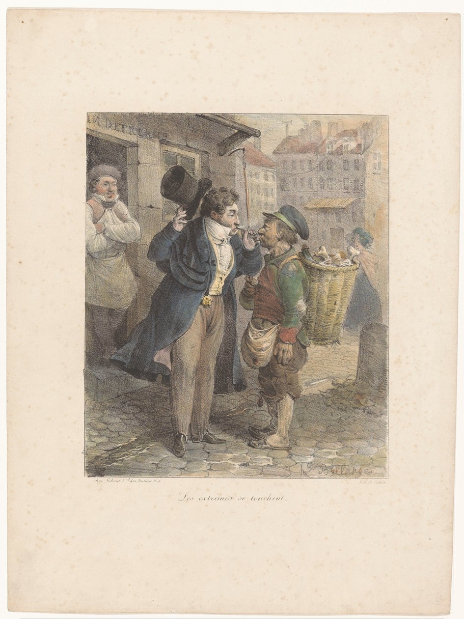 Velklædt herre tænder sin cigar fra piben fra en arbejder i klude Les extrêmes se touchent (titel på objekt) Litografiske skitser (serietitel) Croquis lithographiques (serietitel på objekt) af Hippolyte Bellange