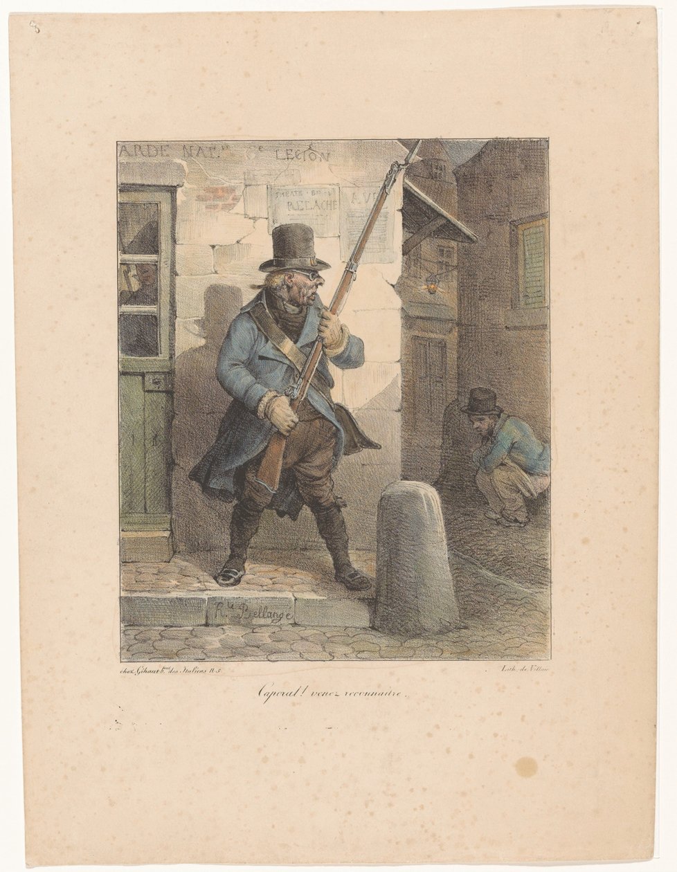 Militæret ringer til korporal, som gør sine forretninger på gaden kaporal! Venez reconnaître (titel på objekt) Litografiske skitser (serietitel) Croquis lithographiques (serietitel) af Hippolyte Bellange