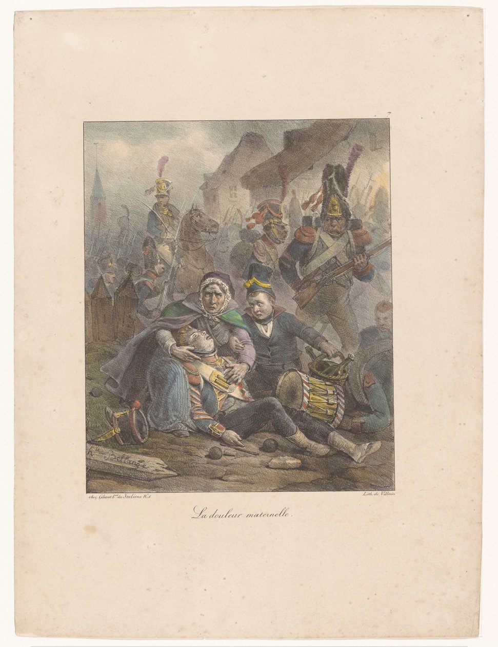 Mor sørger over sin dødeligt sårede søn på slagmarken La douleur maternelle (titel på objekt) Litografiske skitser (serietitel) Croquis lithographiques (serietitel) af Hippolyte Bellange