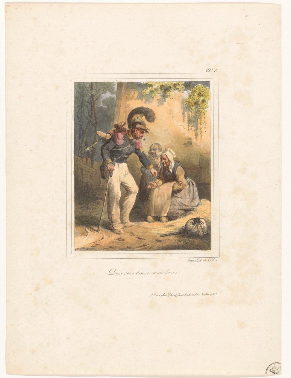 Soldat giver en fattig kvinde nogle penge Dieu vous benira mon brave (titel på objekt) Litografisk album nr. 9 (serietitel) af Hippolyte Bellange