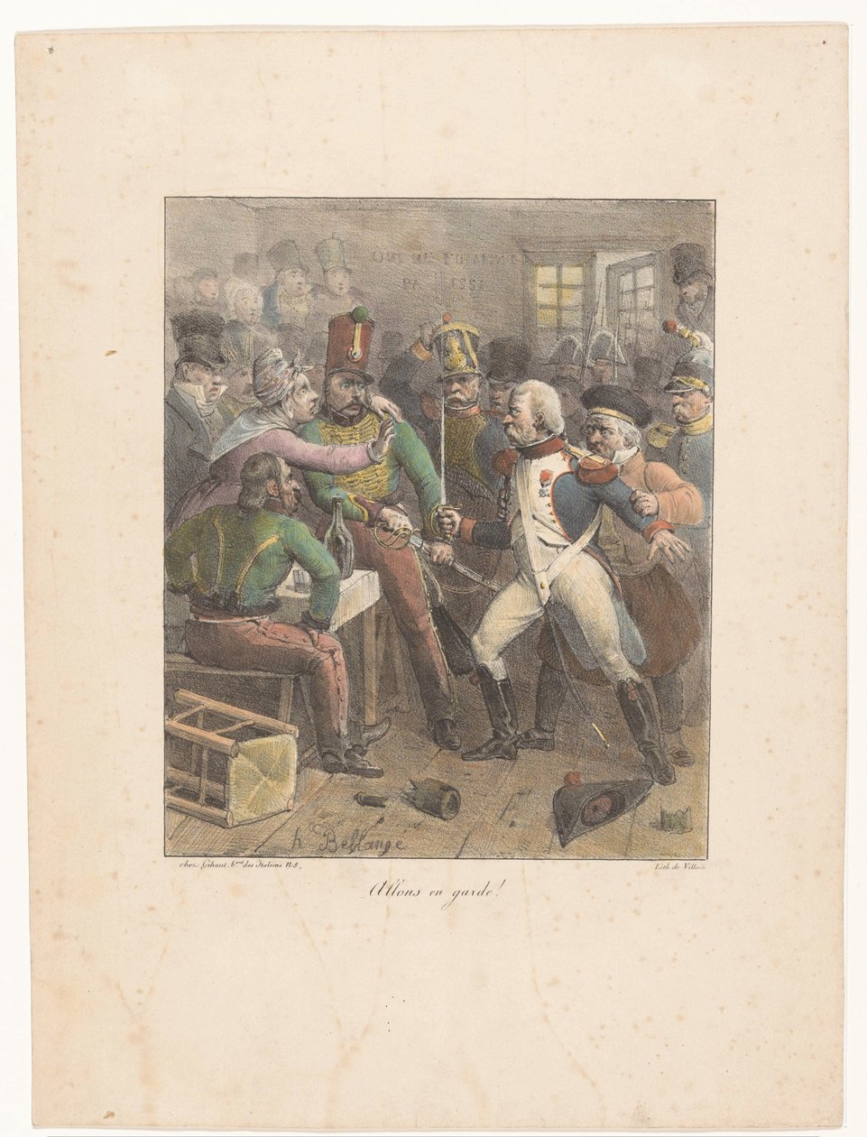 To soldater krydser sværd på en pub Vær på vagt! (titel på objekt) Litografiske skitser (serietitel) Croquis lithographiques (serietitel) af Hippolyte Bellange
