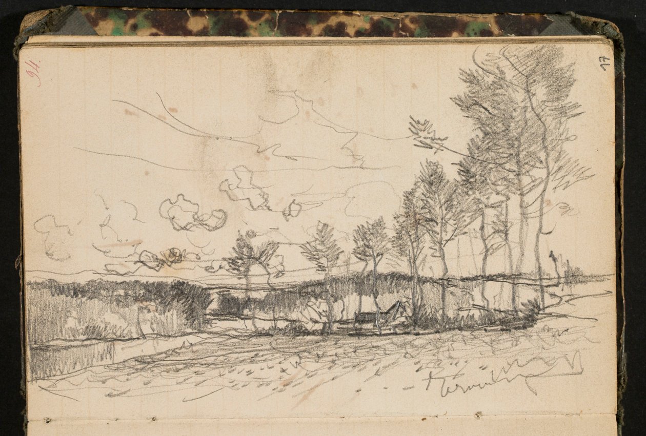 Landskab med træer og en gård (side fra en skitsebog) af Hippolyte Boulenger