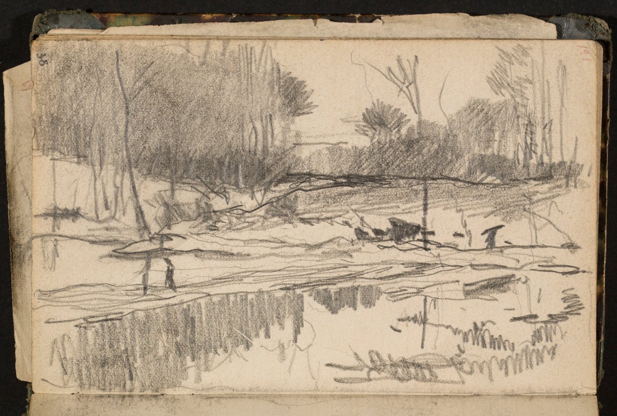 Landskab med dam (side fra en skitsebog) af Hippolyte Boulenger