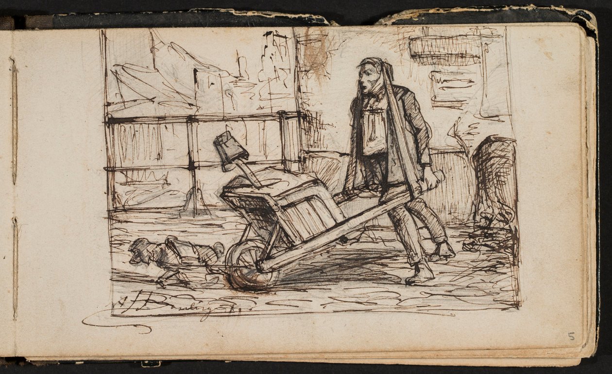 Mand med trillebør og lille hund (side fra en skitsebog) af Hippolyte Boulenger