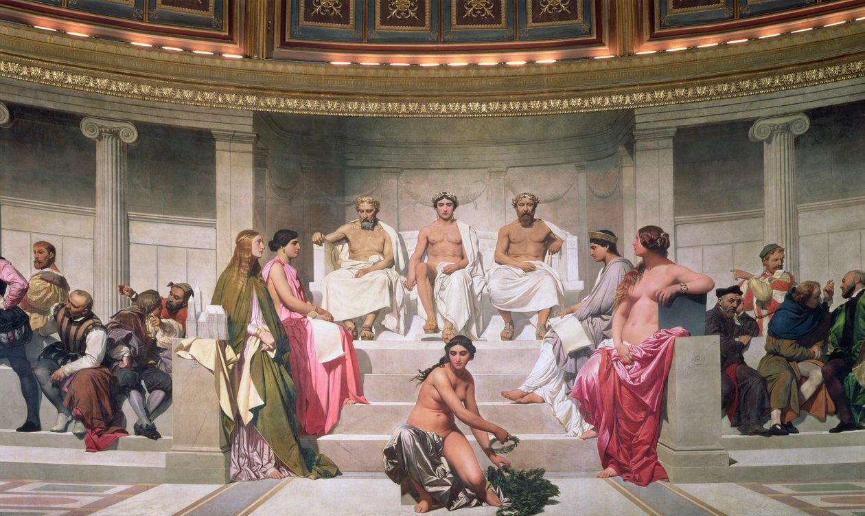 Hemicycle: Artists of All Ages, detalje af Ictinus, Apelles og Phidias, 1836-41 fresco se også 83553 og 83555 af Hippolyte Delaroche