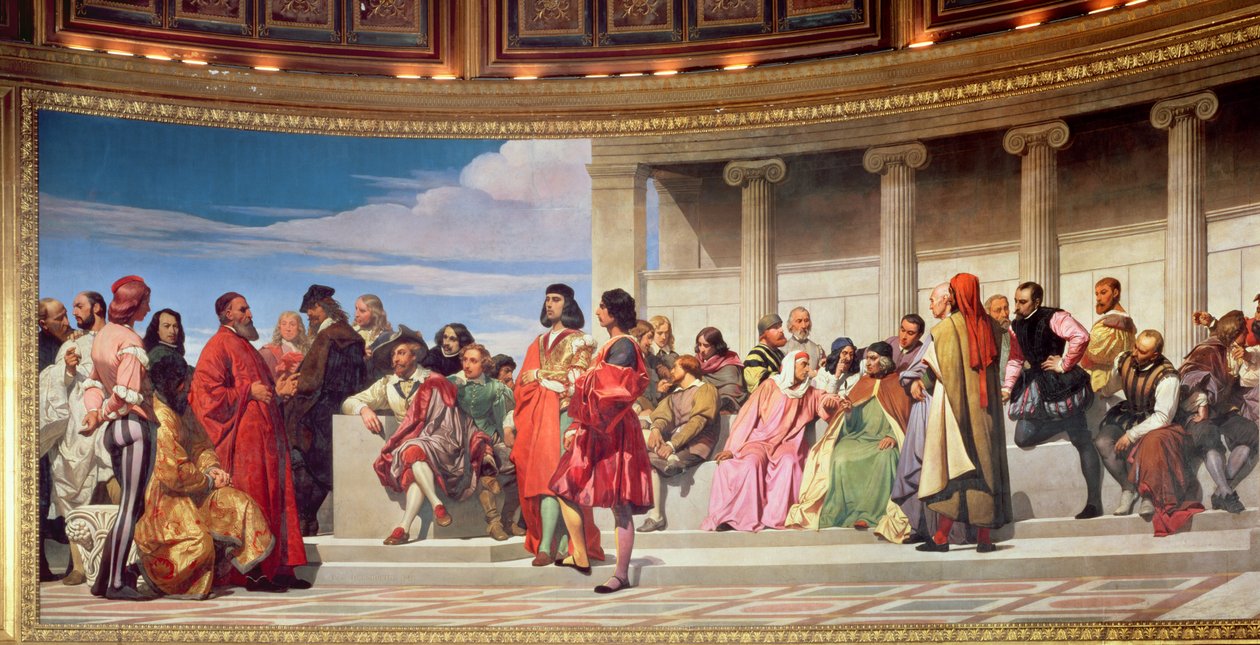 Hemicykel: Kunstnere fra alle tider, detalje af venstre side, 1836-41 fresko se også 83554 og 83555 af Hippolyte Delaroche
