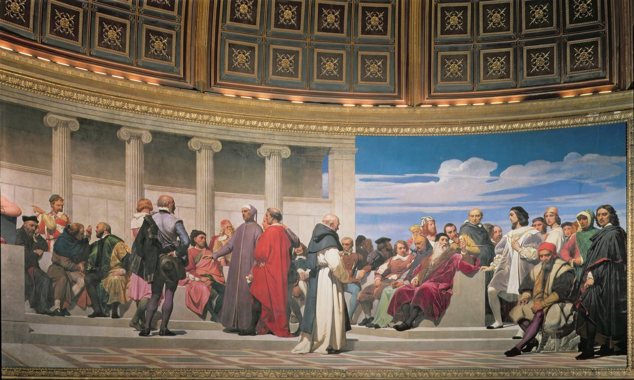 Hemicycle: Artists of All Ages, detalje på højre side, 1836-41 fresco se også 83553 og 83554 af Hippolyte Delaroche