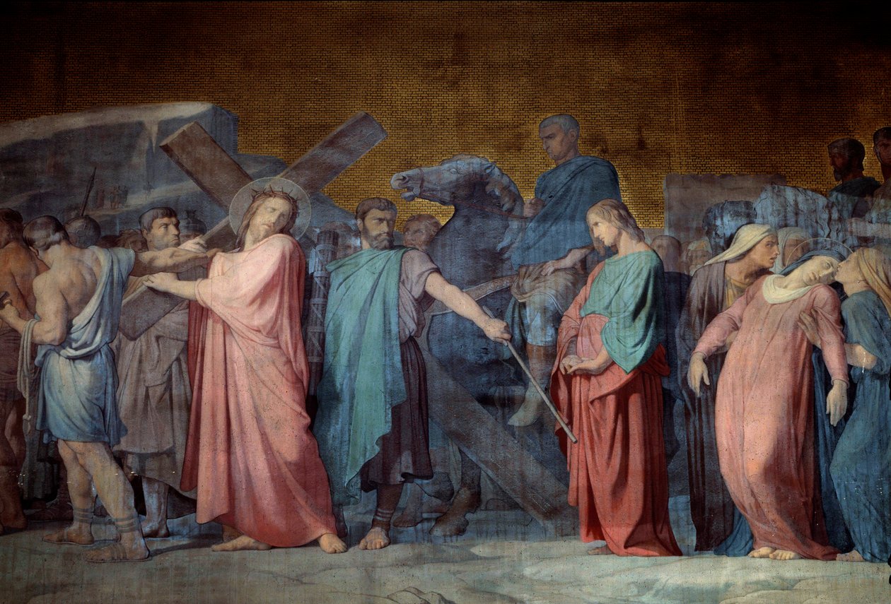 Kristus bærer sit kors Detalje af en fresco af Hyppolithe Flandrin (1800-1864) Saint Germain des Pres-kirken fra det 19. århundrede, Paris af Hippolyte Flandrin