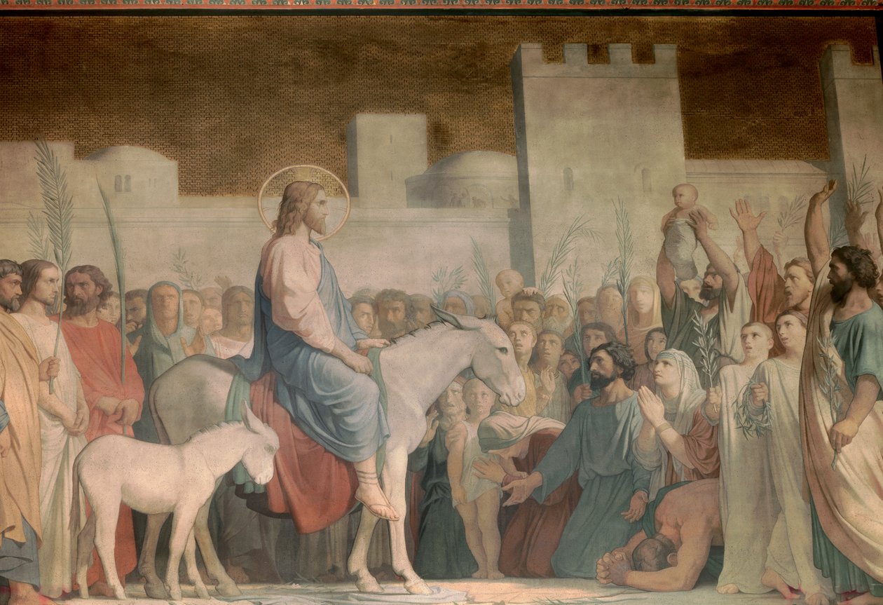 Kristi indtog til Jerusalem på palmesøndag: indbyggerne hilser ham med glæde ved at sprede deres tøj på gulvet med olivengrene. Detalje af en fresco af Hypolithe Flandrin (1809-1864) Saint Germain des Pres-kirken fra det 19. århundrede, Paris af Hippolyte Flandrin