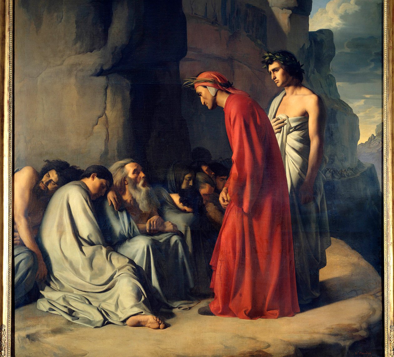 Dante og Virgil til helvede eller danten ledet af virgil tilbyder trøster til sjælene i den misundelige Illustration af den guddommelige komedies helvede (Divina Comedia) af Dante Azlighieri (1265-1321) Maleri af Hippolithe Flandrin (1809-1864) 1800-tallet af Hippolyte Flandrin