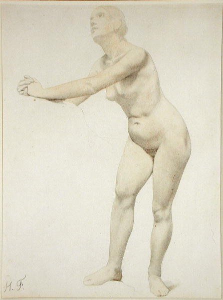 Nøgen (blyant og akvarel på papir) af Hippolyte Flandrin