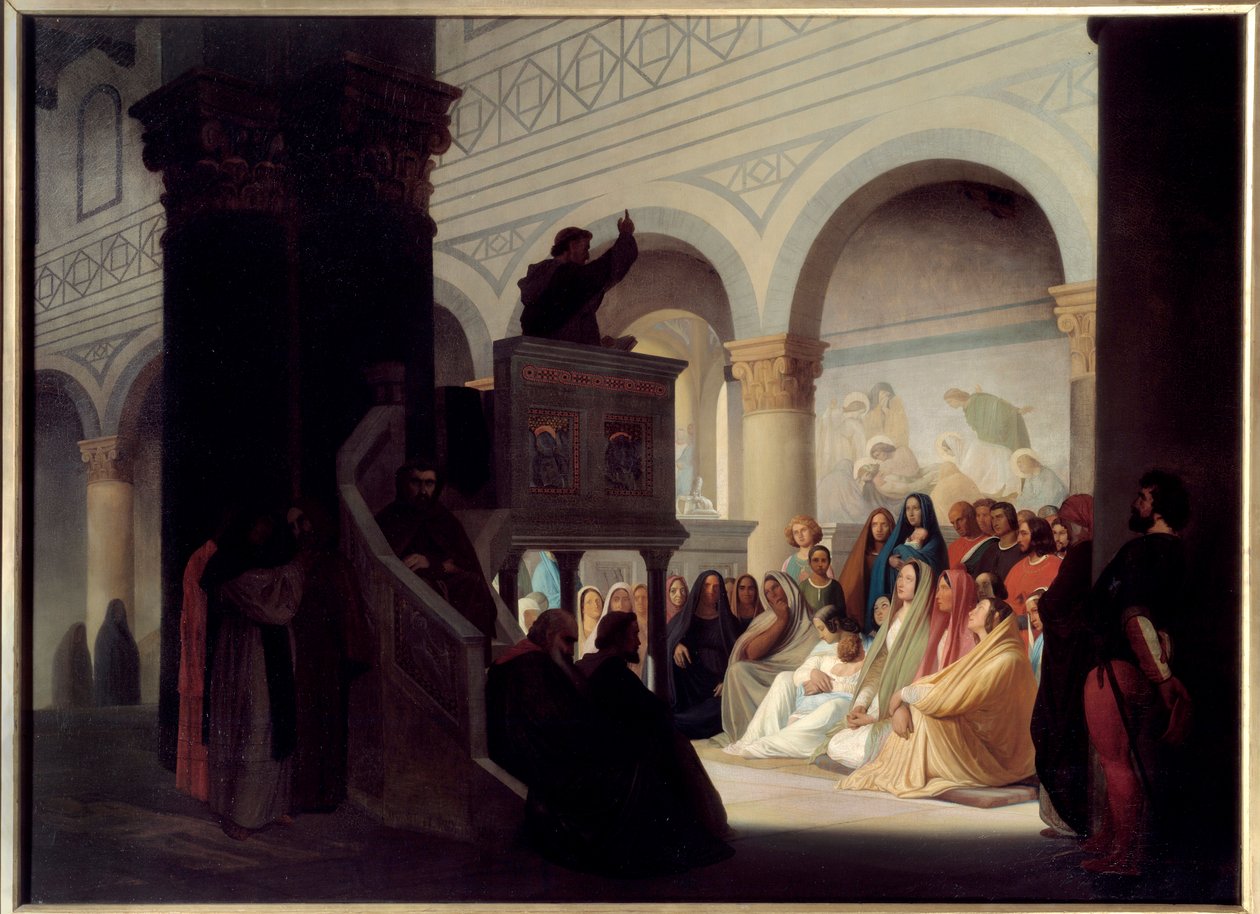 Savonarole (1452-1498) prædikant i San Miniato i Firenze. Jerome Savonarole, på italiensk Girolamo Savonarola (1452-1498), dominikansk bror og italiensk forudsiger, der styrer Firenze fra 1494 til 1498. Maleri af Hippolyte Flandrin (1809-1864) af Hippolyte Flandrin