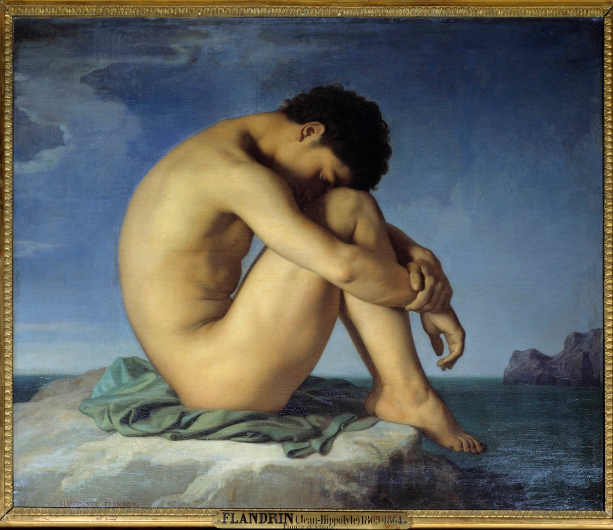 Ung nøgen mand siddende ved havet Tænker i tilbagetrækningsposition (introspektion). Maleri af Hippolyte Flandrin (1809-1864) 1836. Olie på lærred. Sol. 0,98x1,24 m - Ung nøgen mand sidder på kanten af havet. Tænker i en føtal, slumrende stilling af prot af Hippolyte Flandrin