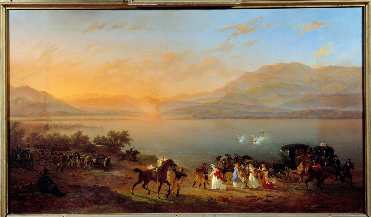 Angreb af Josephine de Beauharnais bil, Madam Bonaparte, ved bredden af Gardasøen, af østrigske både, 30. juli af Hippolyte Lecomte