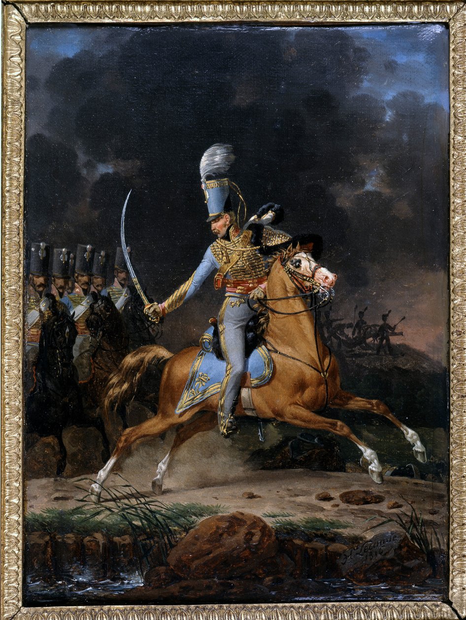 Oberst de Hussard ca. 1815 - 1816. Maleri af Lecomte dateret 1816. Samling "" The Soldiers of Yesteryear"". Paris af Hippolyte Lecomte