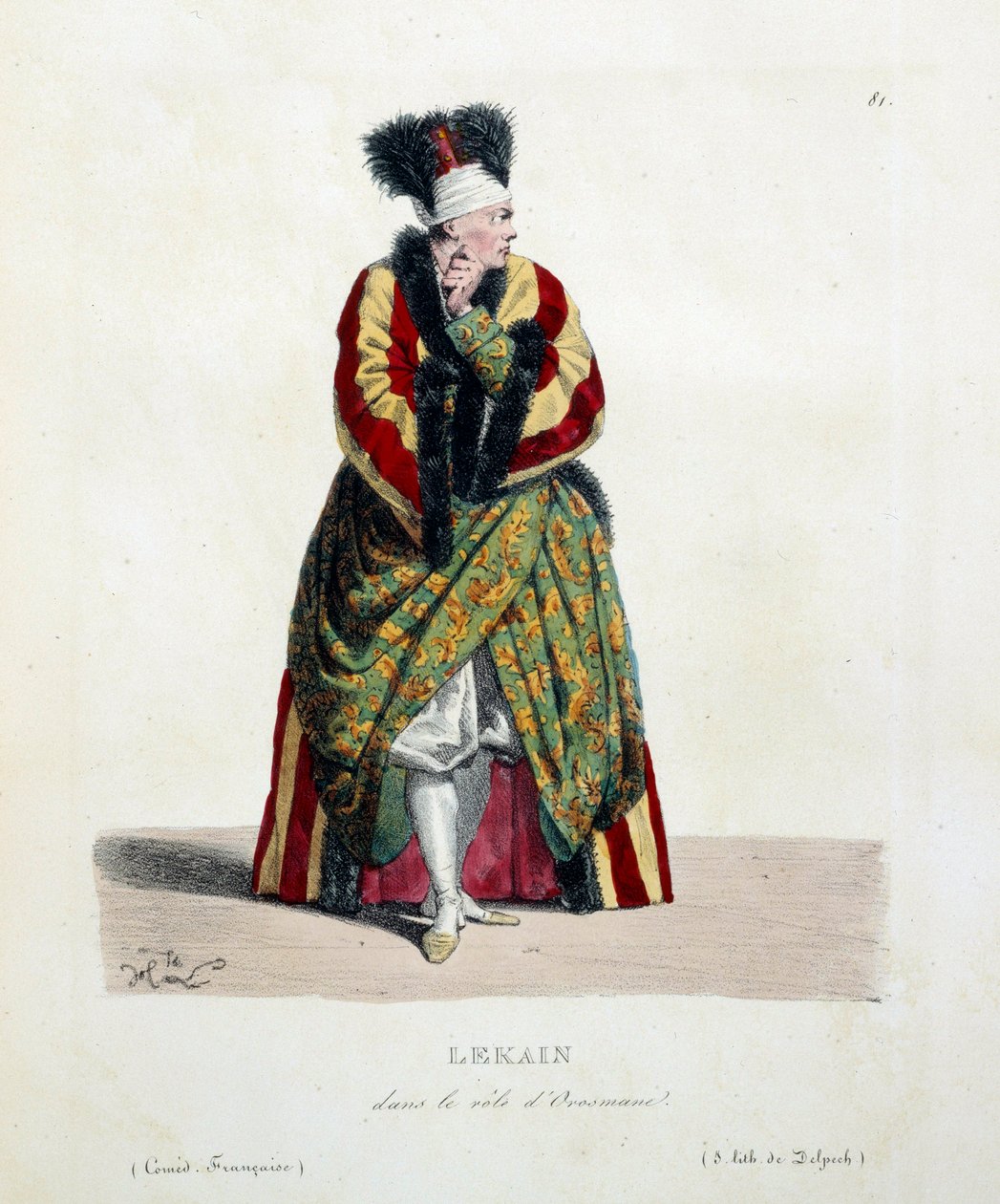 Den franske skuespiller Henri Louis Cain kaldte Lekain eller Le Kain (1729-1778) i rollen som Orosmane i Voltaires stykke Zaire (1694-1746) ved den franske komedie. Litografi af Hippolyte Lecomte (1781-1857) 1800-tallets privatsamling af Hippolyte Lecomte