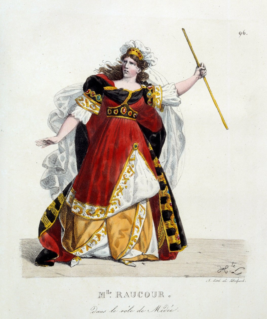 Den franske skuespillerinde Mademoiselle Raucourt (død 1815) i rollen som Medee i Comedie Francaise; Litografi af Hippolyte Lecomte (1781-1857) af Hippolyte Lecomte