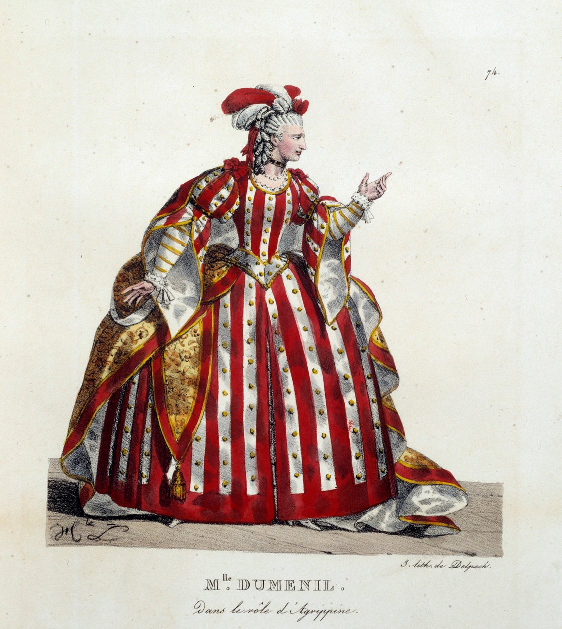Den franske skuespillerinde Marie Francoise Marchand kaldte Mademoiselle Dumesnil (1713-1803) i rollen som Agrippine i stykket "Britannicus" af Jean Racine (1639-1699) i den franske komedie. Litografi af Hippolyte lecomte (1781-1857). Privat samling af Hippolyte Lecomte
