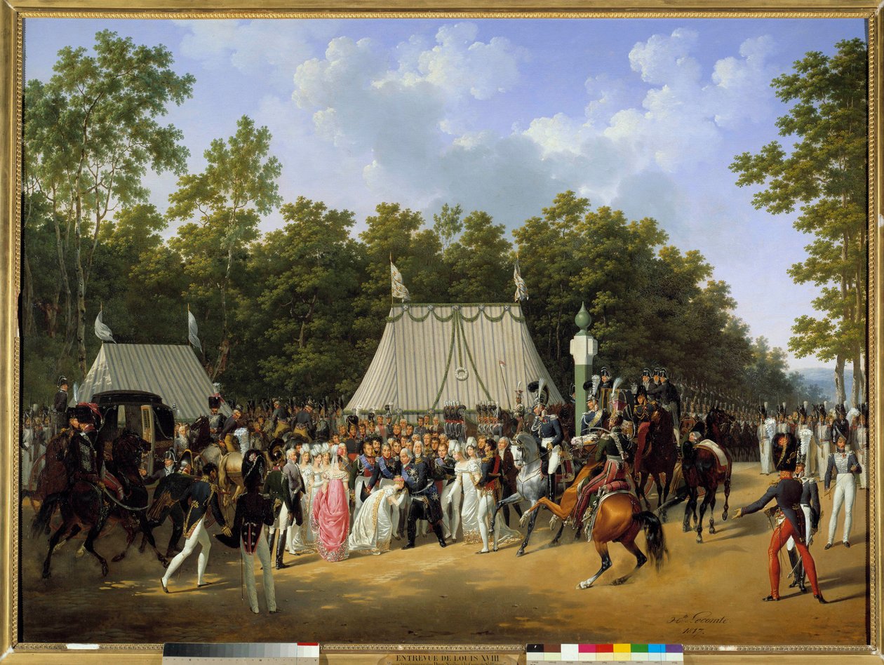 Kong Ludvig XVIII (1755-1824) modtog Marie Caroline Fernande Louise af Napoli, kommende hertuginde af Berry, i skoven Fontainebleau, ved Saint-Herems kors af Hippolyte Lecomte