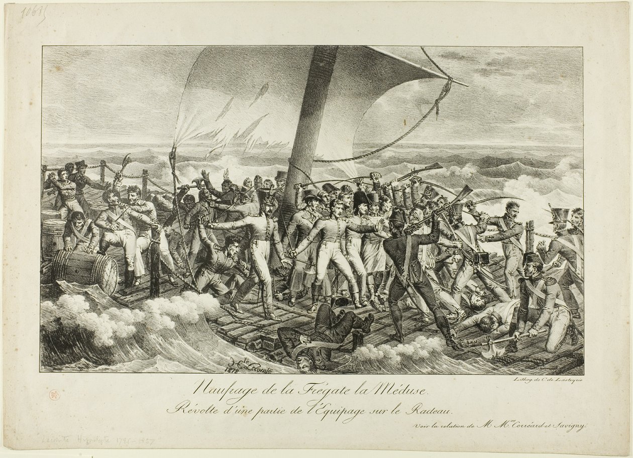 Forlis af Fregatten Medusa. Oprør fra nogle af besætningen på flåden af Hippolyte Lecomte
