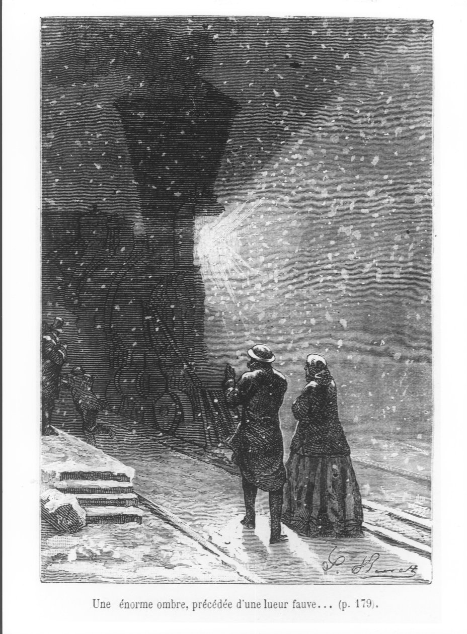 En enorm skygge, der bliver afløst af et skarpt lys, illustration fra "Jorden rundt på 80 dage" af Jules Verne (1828-1905), graveret af Pan, 1873 af Hippolyte Leon Benett