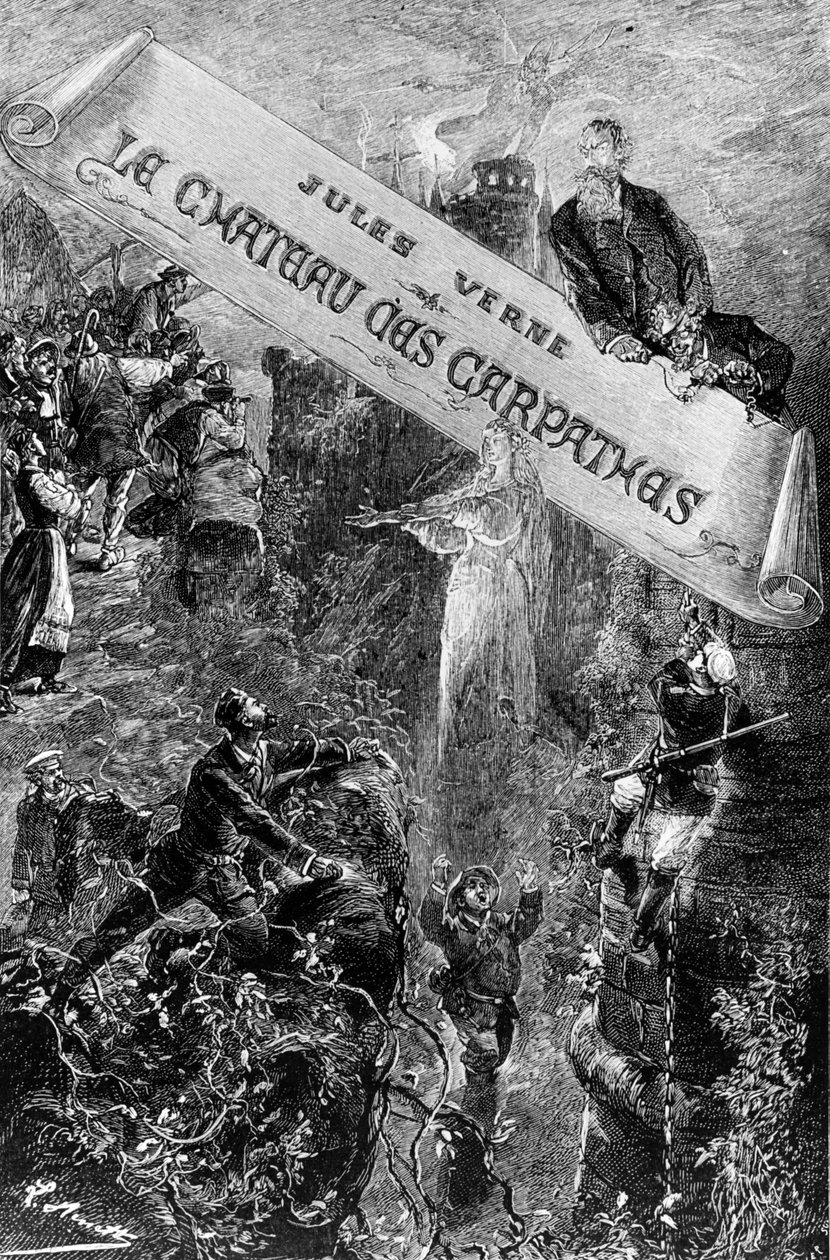 Illustration af omslaget til "The Carpathian Castle" af Jules Verne, udgivet af Hetzel, 1892 af Hippolyte Leon Benett