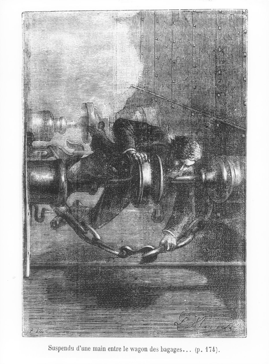 Hængende ved én hånd mellem bagagevognen, illustration fra 