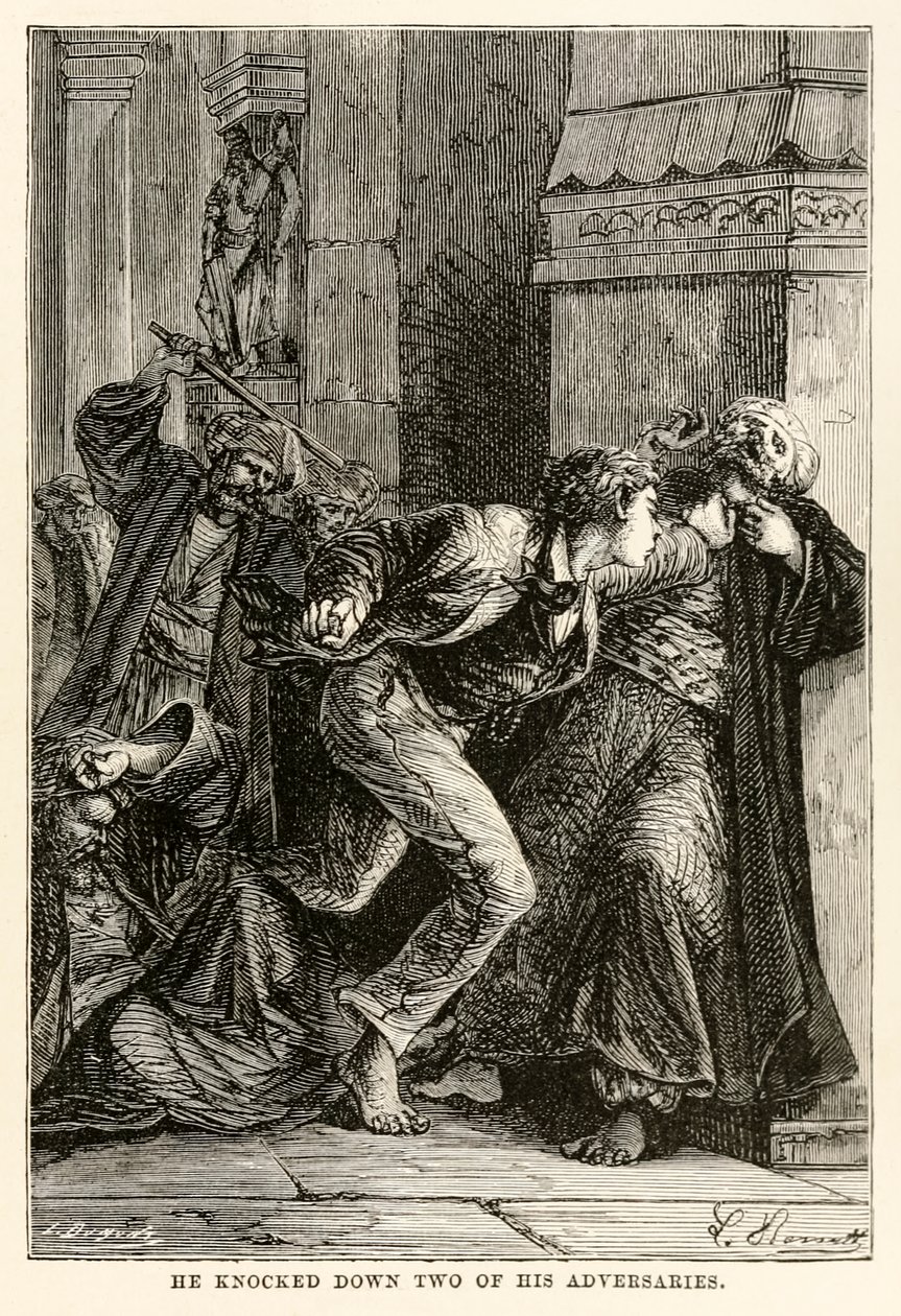 Han væltede to af sine modstandere, fra Around the World in Eighty Days af Jules Verne (1828-1905), indgraveret af Louis Dumont (f.1822), 1873 af Hippolyte Leon Benett