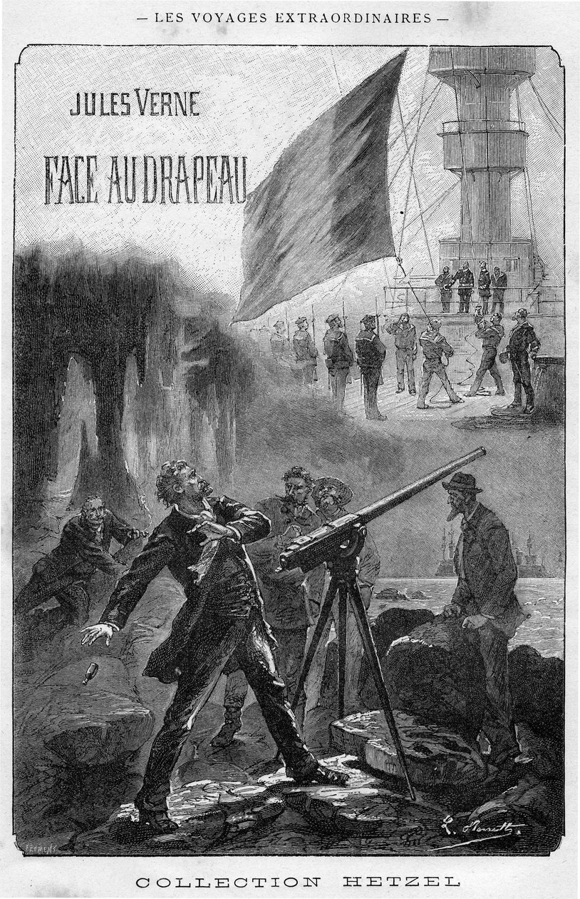 Illustration af bogen "Face au Drapeau" af Jules Verne, frontispice Hetzel-udgaven - Les voyages extraordinary 1896 (gravering) af Hippolyte Leon Benett