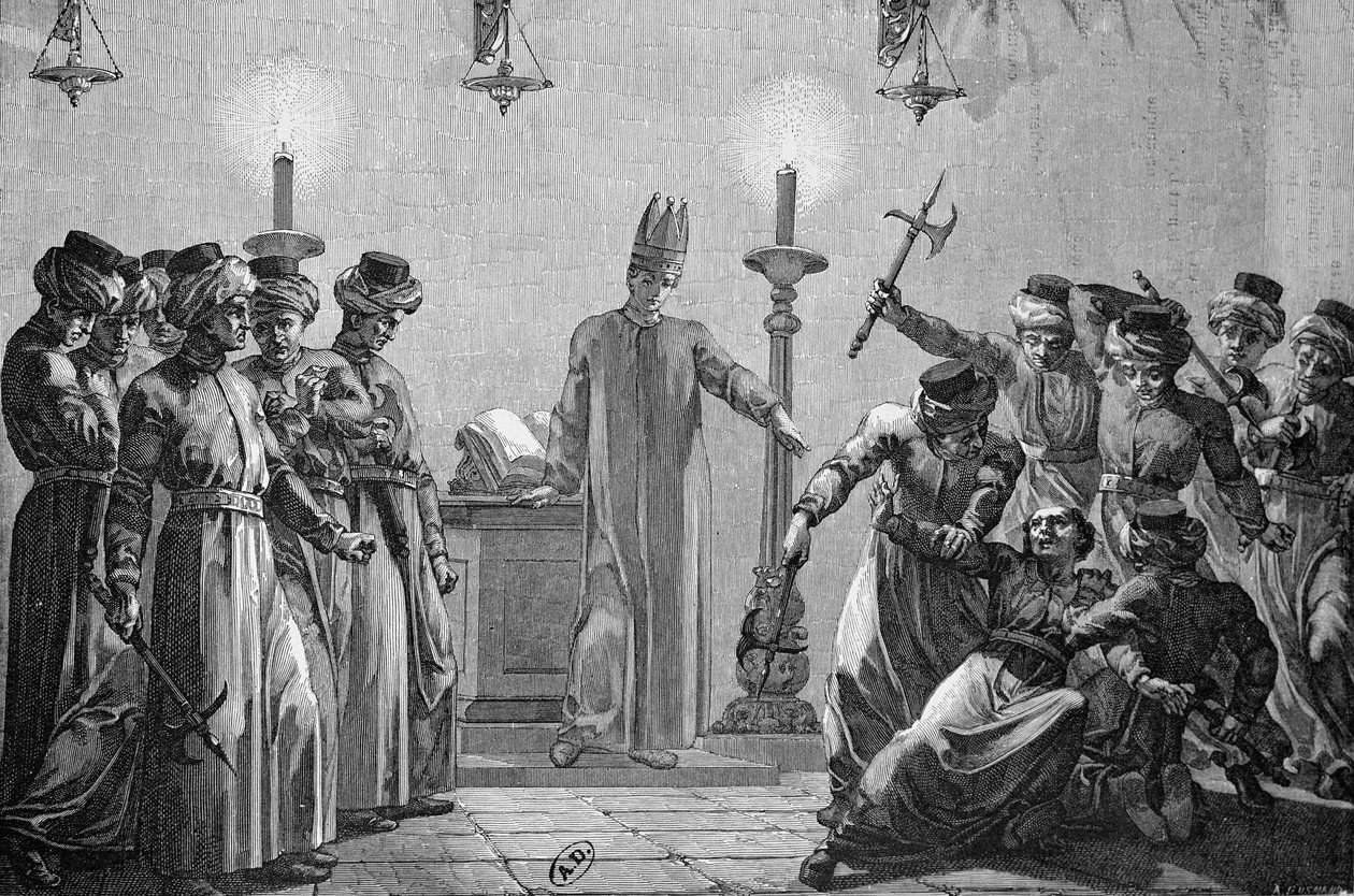 Rituelt mord begået af daniterne, ifølge påstandene fra mormonmodstanderne, tegnet af David og indgraveret af A. Gusmand af Hippolyte Leon Benett