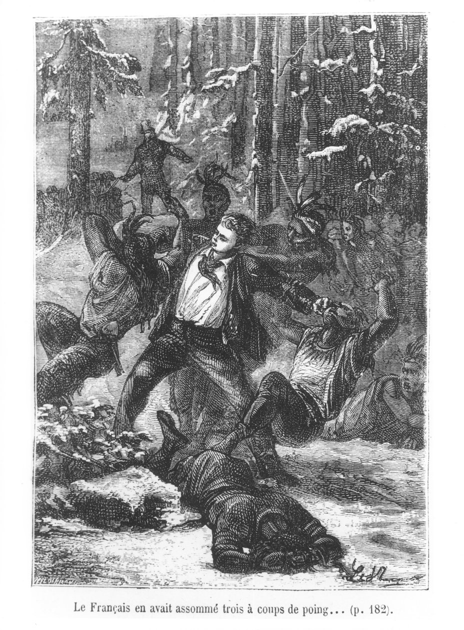 Franskmanden var i stand til at flade tre af dem med et slag, illustration fra Jorden rundt på firs dage af Jules Verne (1828-1905) indgraveret af Henri Theophile Hildibrand (1824-97) 1873 (graveret af Hippolyte Leon Benett