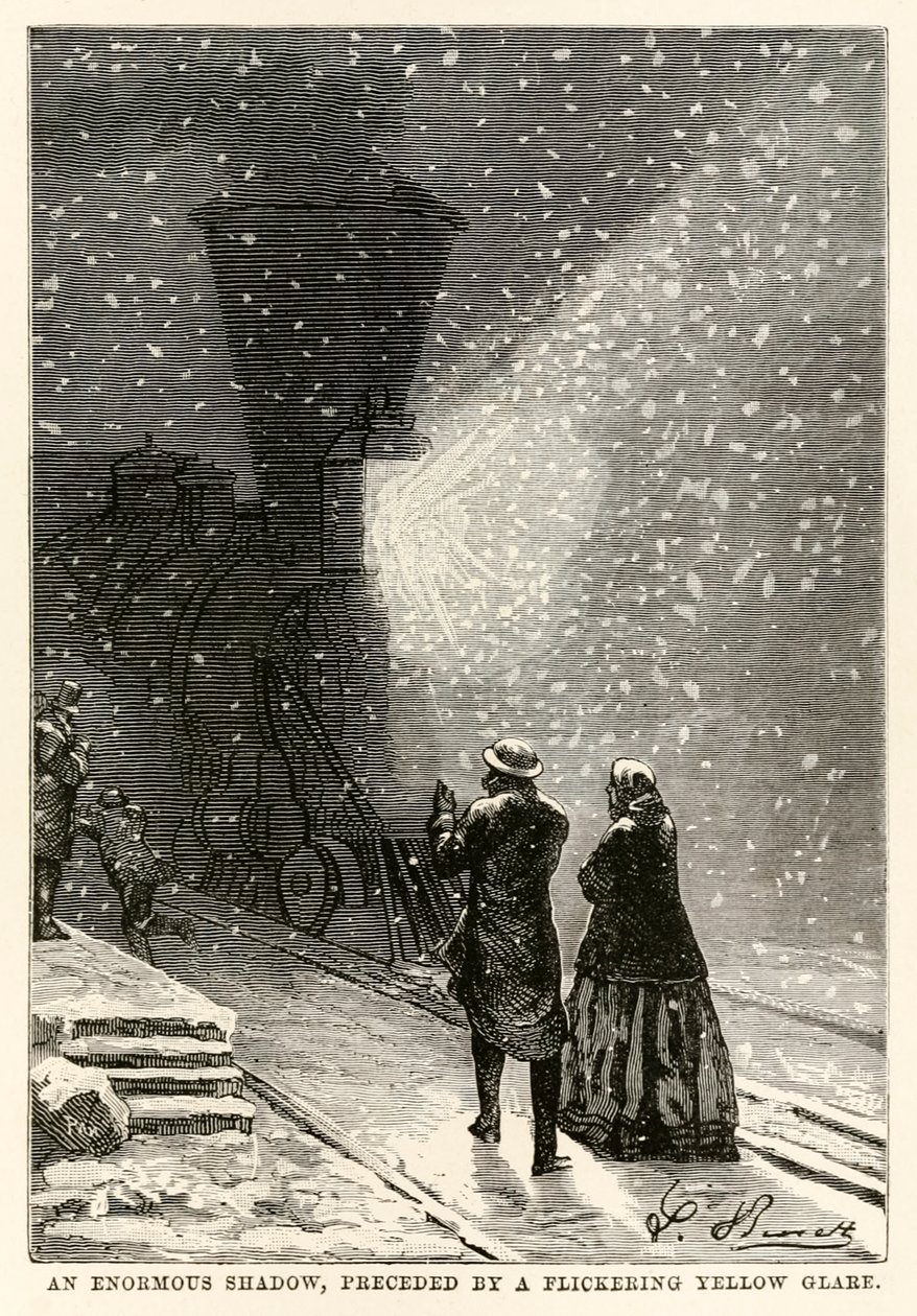 En enorm skygge, indledt af et flimrende gult genskin, fra Jorden rundt på firs dage af Jules Verne (1828-1905) indgraveret af Adolphe François Pannemaker (1822-1900), 1873 af Hippolyte Leon after Benett