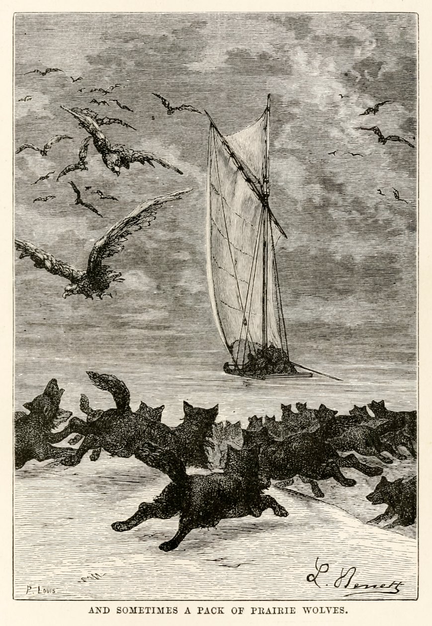 Og nogle gange en flok prærieulve, fra Jorden rundt på firs dage af Jules Verne (1828-1905) indgraveret af Louis, 1873 af Hippolyte Leon after Benett