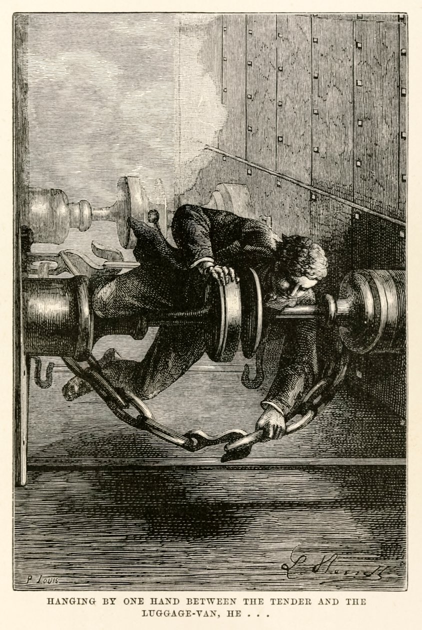 Han hænger med den ene hånd mellem bud og bagagevognen og... fra Jorden rundt på firs dage af Jules Verne (1828-1905) graveret af Louis, 1873 af Hippolyte Leon after Benett