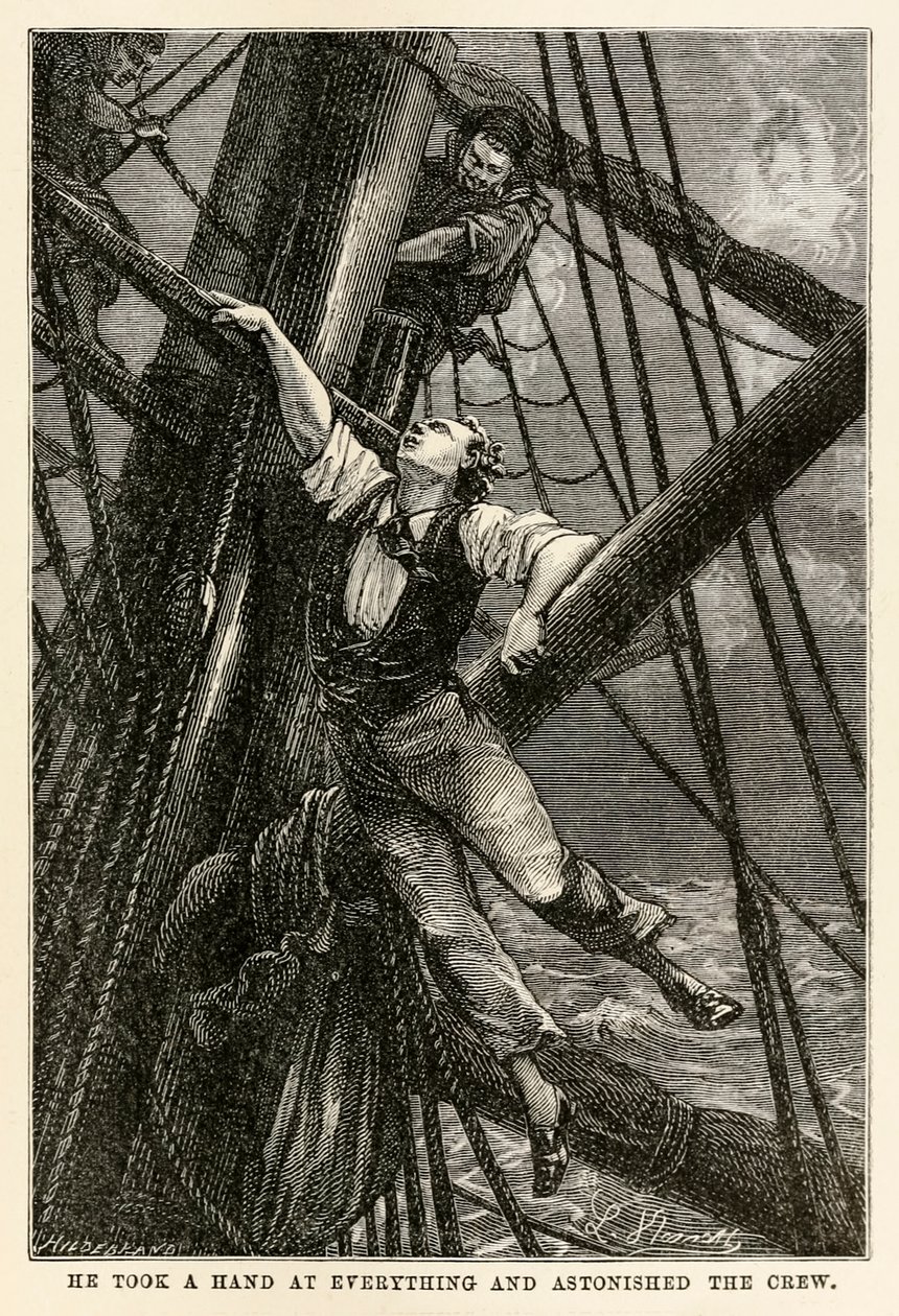 Han tog hånd om alt og forbløffede besætningen, fra Jorden rundt på firs dage af Jules Verne (1828-1905) indgraveret af Henri-Théophile Hildebrand (1824-97), 1873 af Hippolyte Leon after Benett