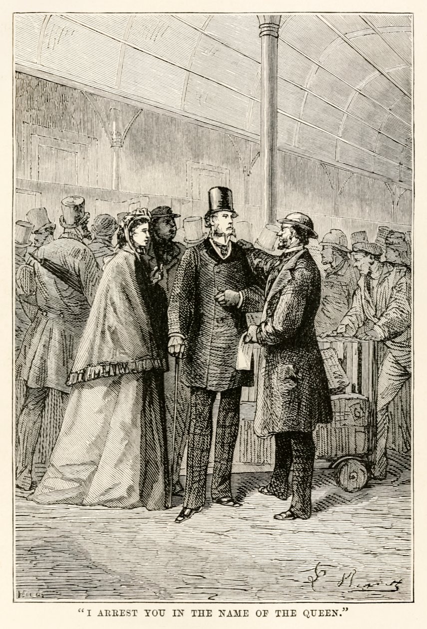 Jeg arresterer dig i dronningens navn, fra Jorden rundt på firs dage af Jules Verne (1828-1905), 1873 af Hippolyte Leon after Benett