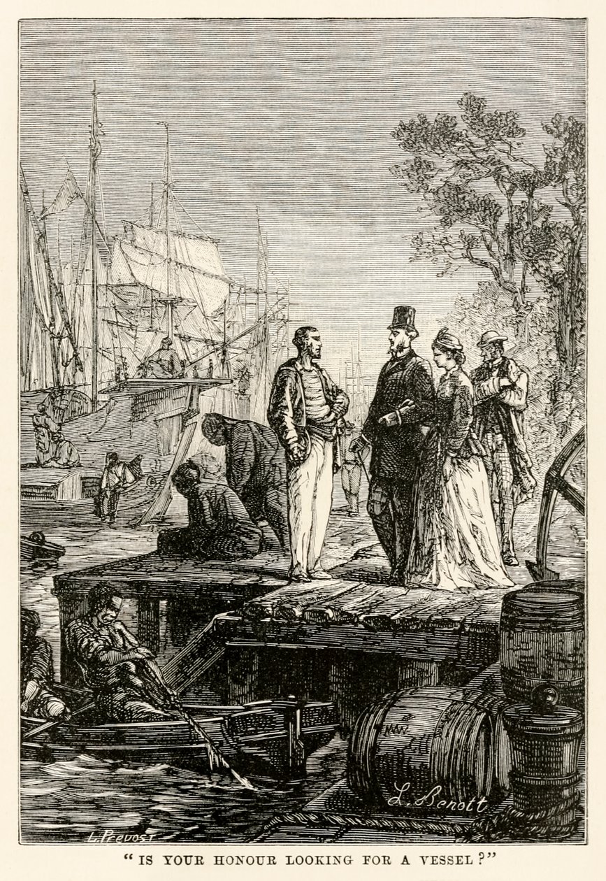 Er din ære på udkig efter et fartøj?, fra Around the World in Eighty Days af Jules Verne (1828-1905), indgraveret af Louis Prevost, 1873 af Hippolyte Leon after Benett