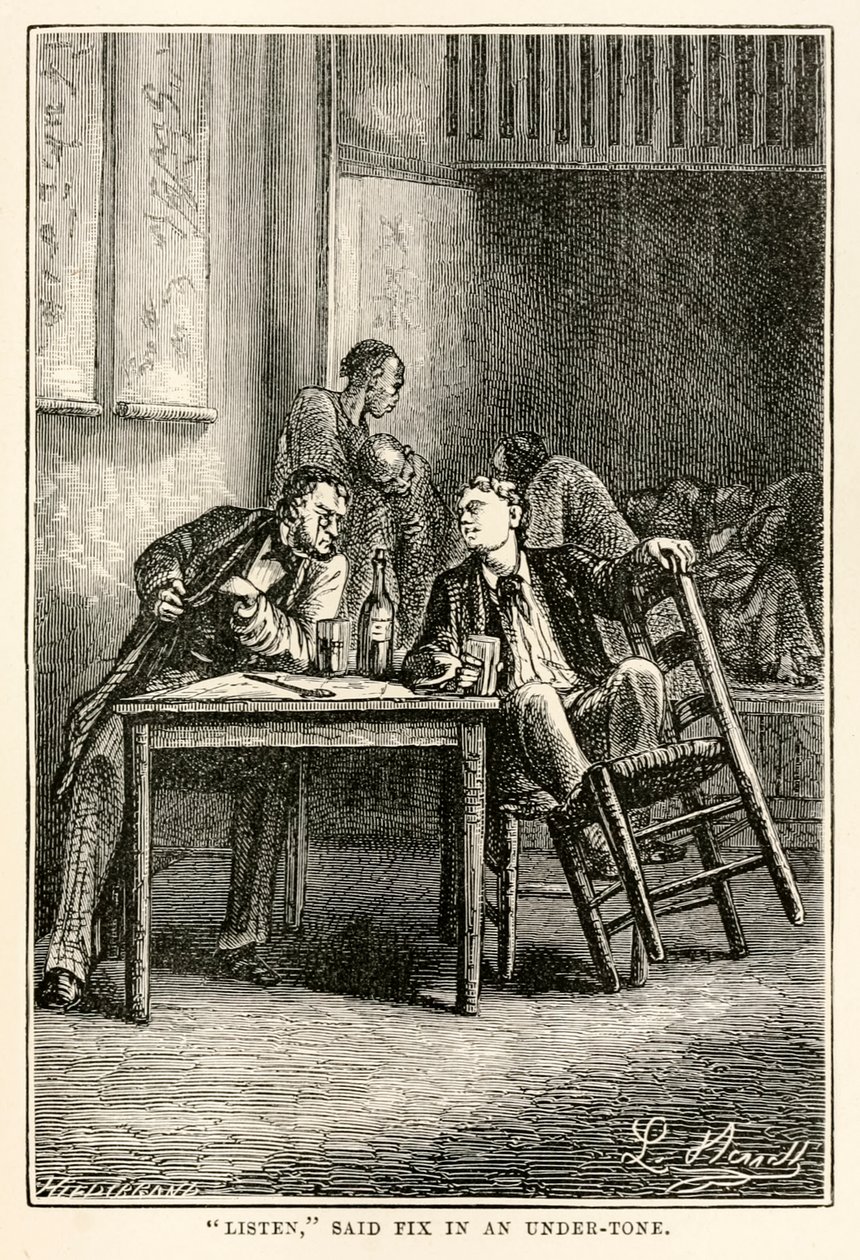 Hør, sagde Fix i en undertone, fra Jorden rundt på firs dage af Jules Verne (1828-1905) indgraveret af Henri-Théophile Hildebrand (1824-97), 1873 af Hippolyte Leon after Benett