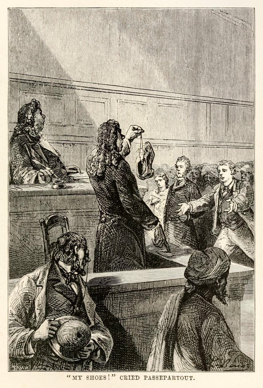Mine sko!, råbte Passepartout, fra Jorden rundt på firs dage af Jules Verne (1828-1905), indgraveret af Adolphe François Pannemaker (1822-1900), 1873 af Hippolyte Leon after Benett