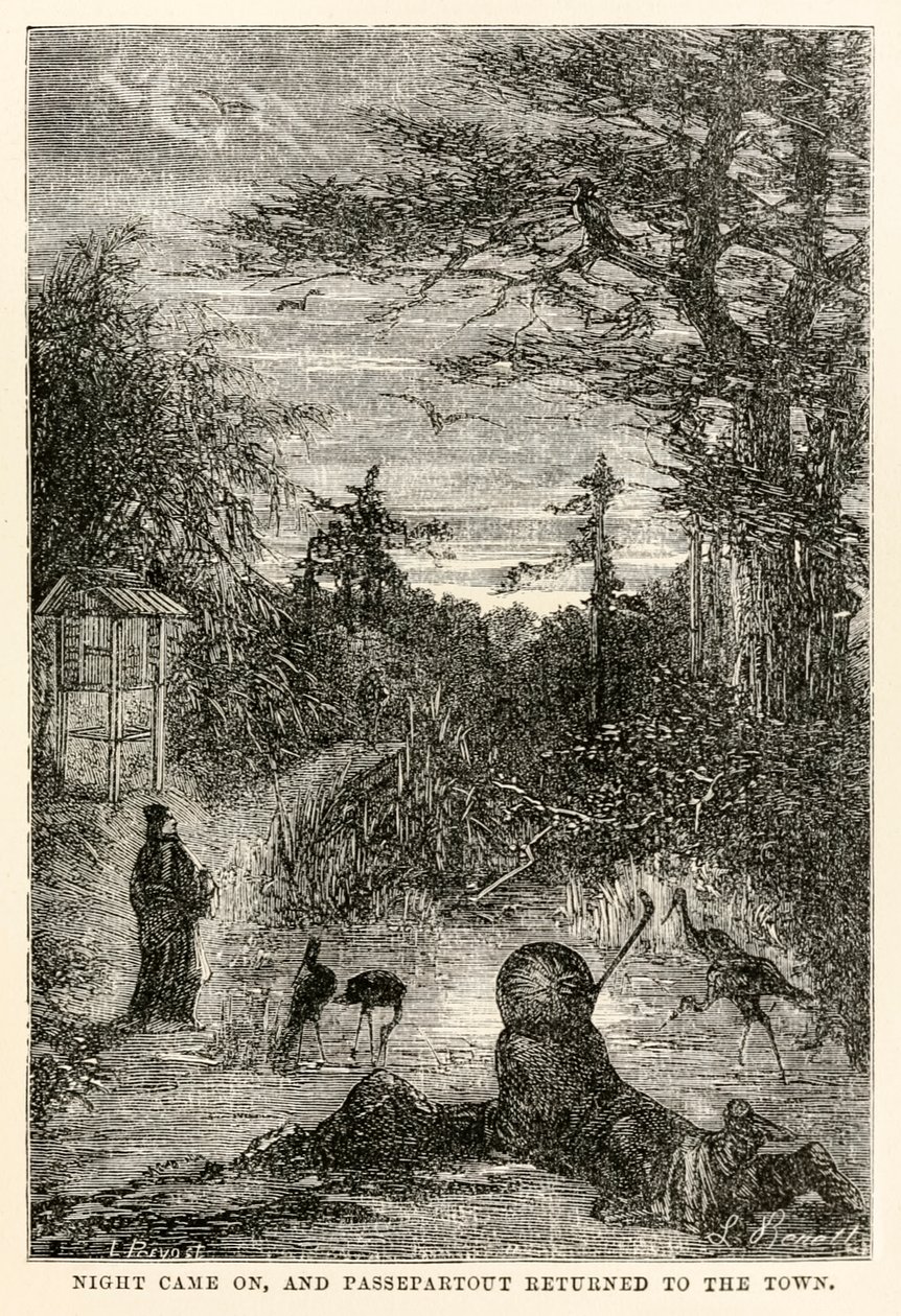 Natten kom, og Passepartout vendte tilbage til byen, fra Jorden rundt på firs dage af Jules Verne (1828-1905), indgraveret af Louis Prevost, 1873 af Hippolyte Leon after Benett